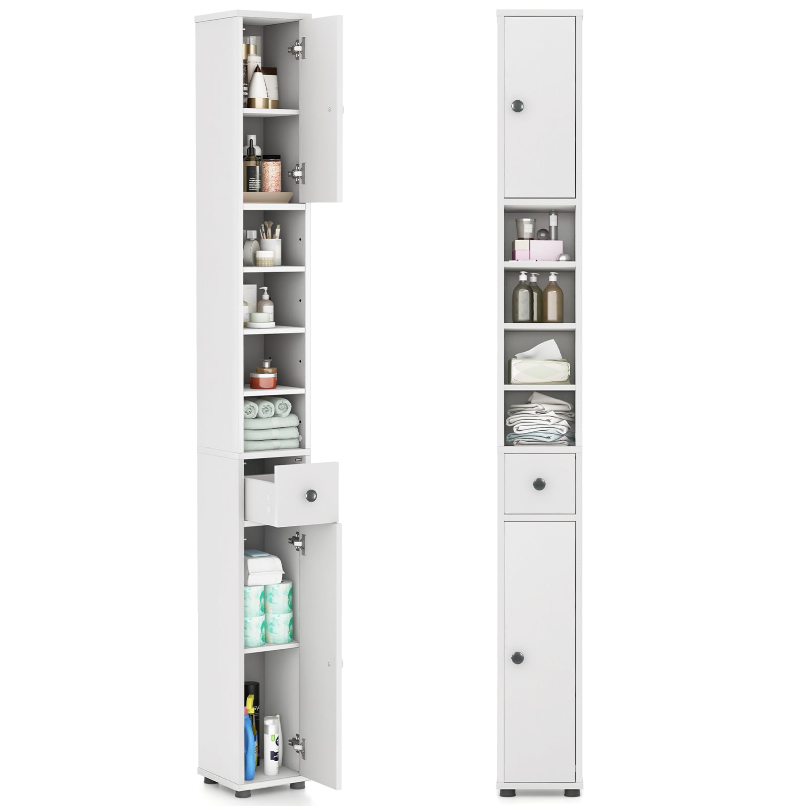 Tangkula Tall Slim Bathroom Storage Cabinet, 71' Freestanding Bathroom Cabinet W/ 2 Doors, 1 Drawer & 5 Adjustable Shelves, Floor Narrow Tower Cabinet For Small Spaces, 8' X 8' X 71' (White)